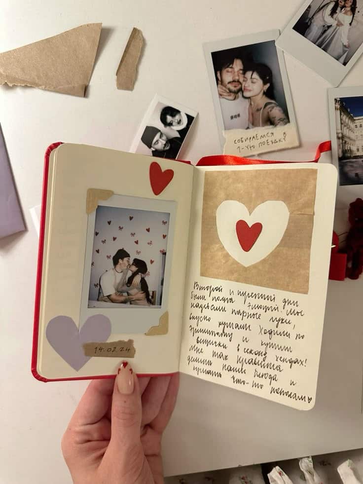 Open scrapbook with photos, love notes, and heart decorations, held in hand, surrounded by Polaroids.