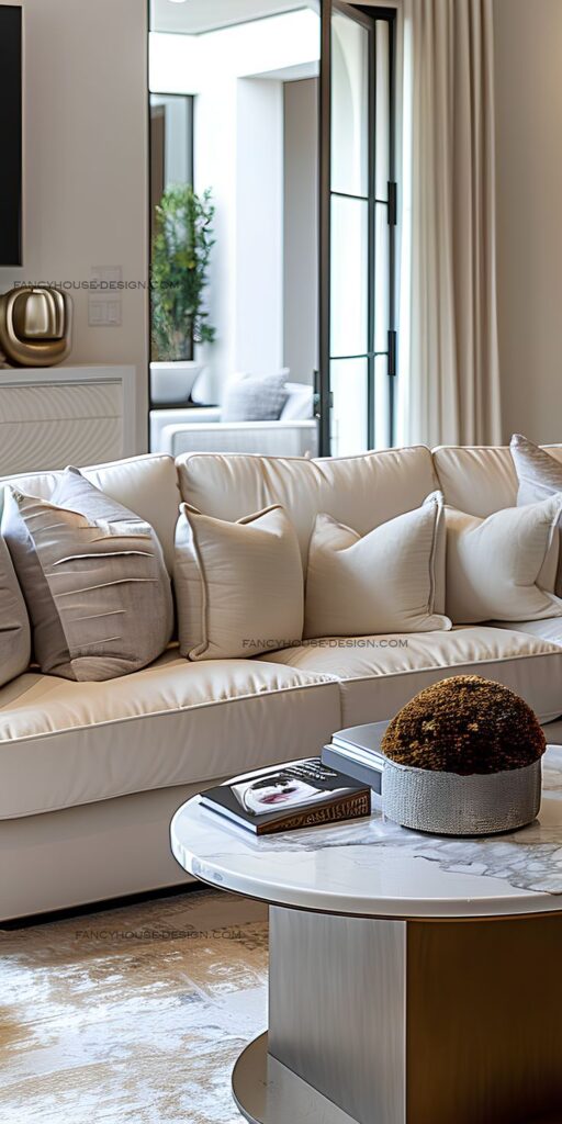 Texture dynamics add depth and visual interest to the living rooms interior_ Luxurious living room with a stylish white sofa, decorative pillows, and a marble coffee table with modern decor. | Sky Rye Design Luxurious living room with a stylish white sofa, decorative pillows, and a marble coffee table with modern decor.