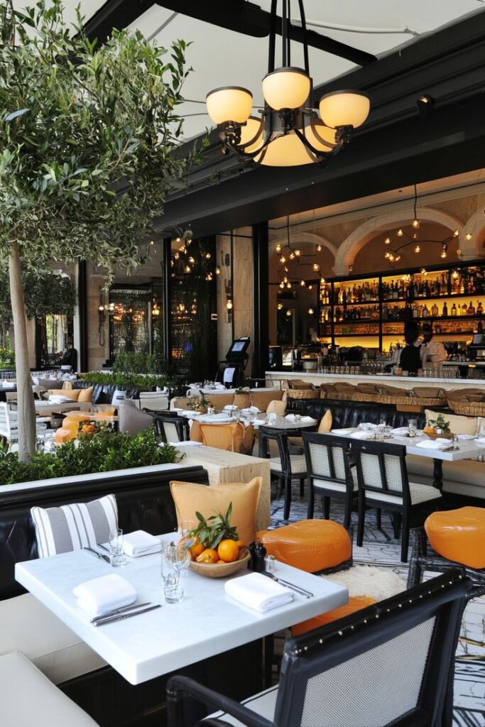 Chic restaurant patio with elegant decor, outdoor dining tables, and a view of a stylishly lit bar area.