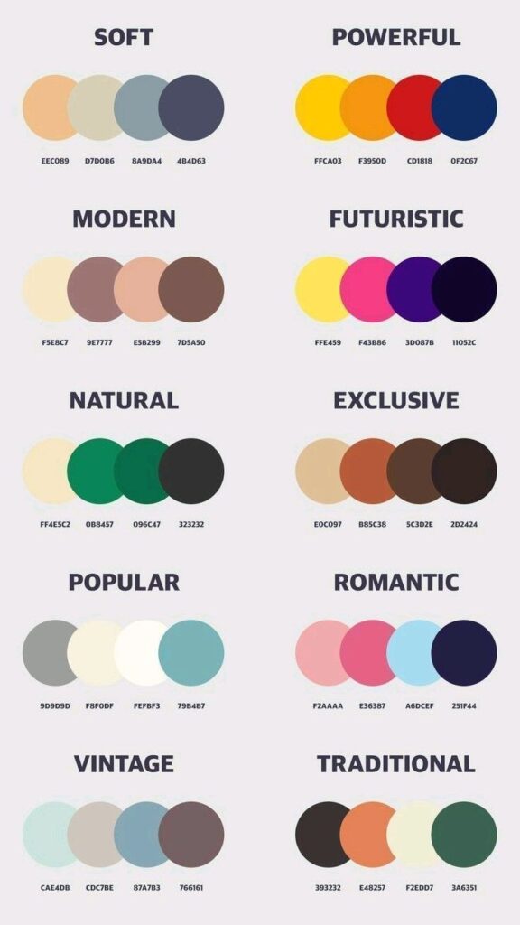 Color palettes categorized as soft, powerful, modern, futuristic, natural, exclusive, popular, romantic, vintage, traditional.
