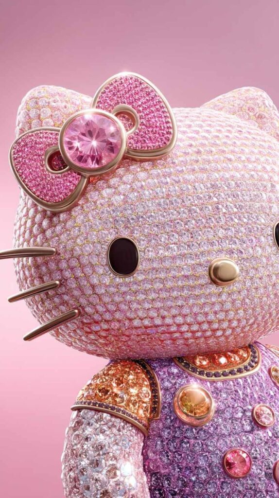 The Cutest Hello Kitty Wallpapers for iPhone Desktop - The Mood Guide Cute jeweled cat character with pink bow, sparkling in pink and gold accents against a pastel pink background. | Sky Rye Design Cute jeweled cat character with pink bow, sparkling in pink and gold accents against a pastel pink background.