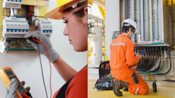 The Future of Electrical Contracting What No Ones Talking About Electricians working on circuit panels, wearing safety gear, conducting electrical maintenance indoors and outdoors. | Sky Rye Design Electricians working on circuit panels, wearing safety gear, conducting electrical maintenance indoors and outdoors.