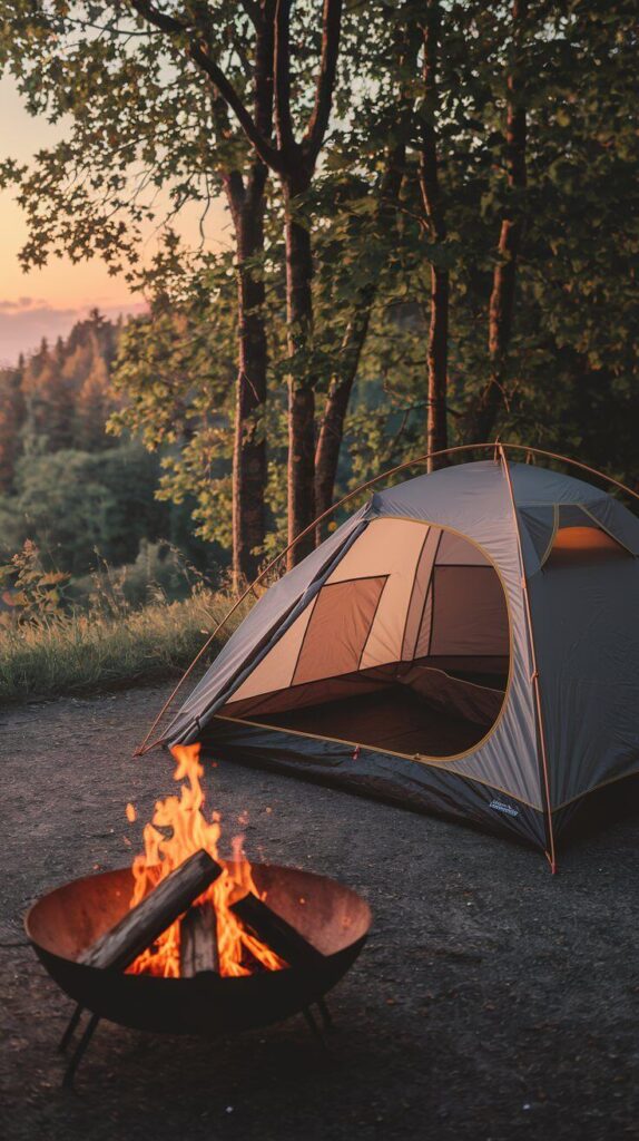 Tent by a campfire in a forest setting at sunset, ideal camping experience for nature lovers.