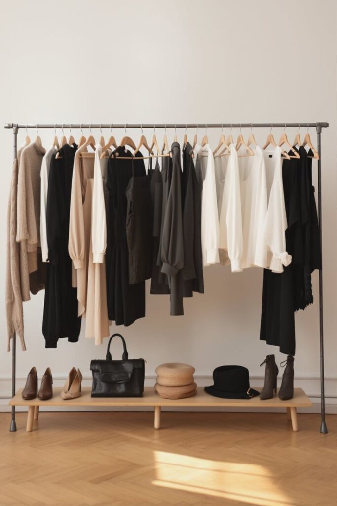 The Only Minimalist Clothing Brands Youll Ever Need Minimalist clothing rack with neutral-toned fashion items, shoes, hats, and a handbag on a wooden floor. | Sky Rye Design Minimalist clothing rack with neutral-toned fashion items, shoes, hats, and a handbag on a wooden floor.