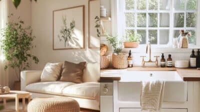 Cozy living room and rustic kitchen with plants and natural light, featuring a beige sofa and farmhouse sink.