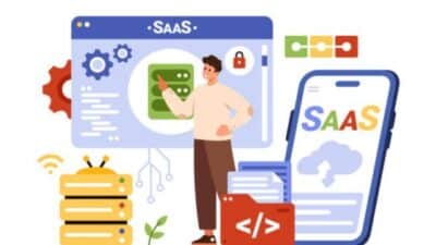 Person interacting with SaaS interface on a screen and smartphone, surrounded by cloud and coding icons.