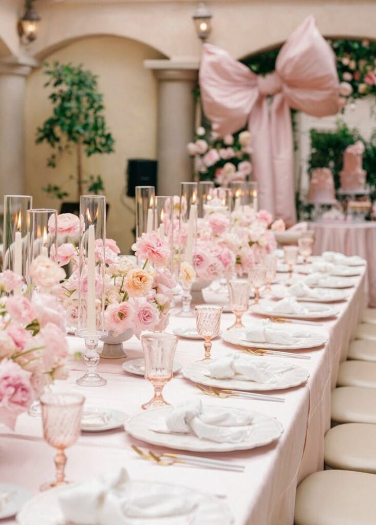 Elegant pink wedding reception table with floral centerpieces, candles, and fine tableware setup indoors.