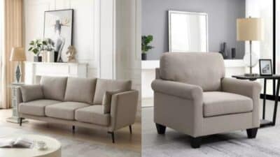 Modern living room with beige sofa and armchair, stylish decor and wall art for a cozy atmosphere.