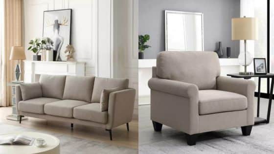 The Ultimate Sofa Buying Guide What to Consider Before You Buy Modern living room with beige sofa and armchair, stylish decor and wall art for a cozy atmosphere. | Sky Rye Design Modern living room with beige sofa and armchair, stylish decor and wall art for a cozy atmosphere.