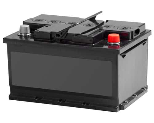 Car battery isolated on white background, showcasing terminals and design. Perfect for automotive blog posts or product listings.