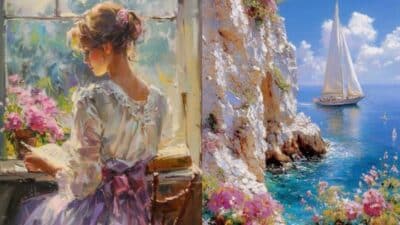 A woman reads by a window, overlooking the sea with a sailboat near rocky cliffs and vibrant flowers.