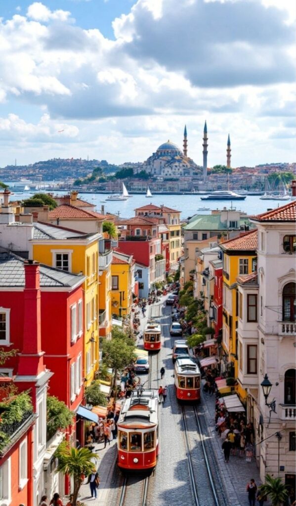 Colorful Istanbul street with iconic tram, vibrant buildings, and a mosque in the background along the Bosphorus.