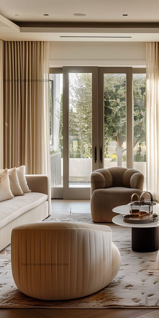 Stylish modern living room with elegant furniture, large windows, and natural light. Cozy and inviting interior design.