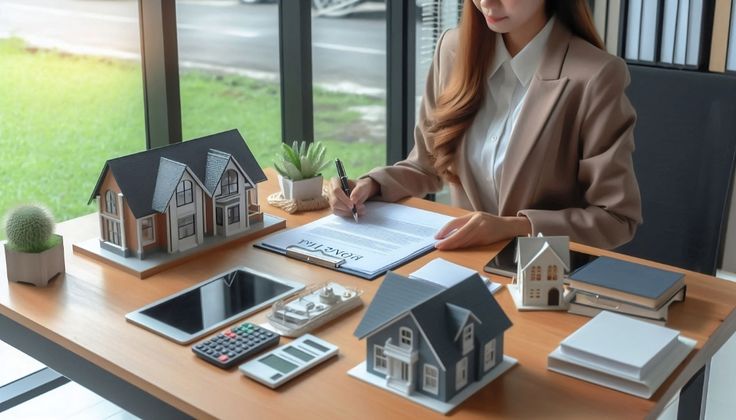 The real estate agent is explaining the house style to see Businesswoman signing real estate contract at desk with house models, calculator, and documents. | Sky Rye Design Businesswoman signing real estate contract at desk with house models, calculator, and documents.