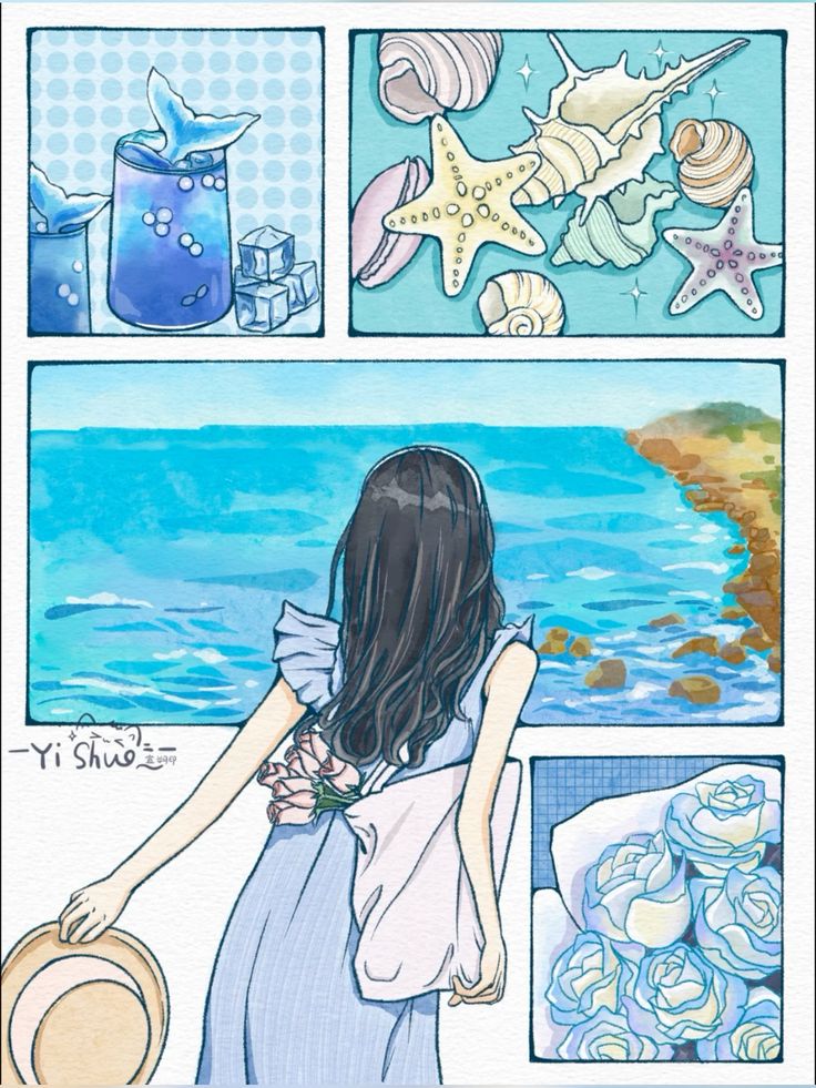 Illustrated girl in dress gazes at ocean with seashells, blue roses, and starfish around her, evoking a serene coastal vibe.