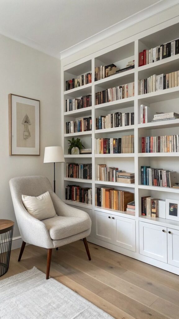 Cozy reading nook with plush chair, white bookshelf filled with books, and a floor lamp in a bright, modern room.