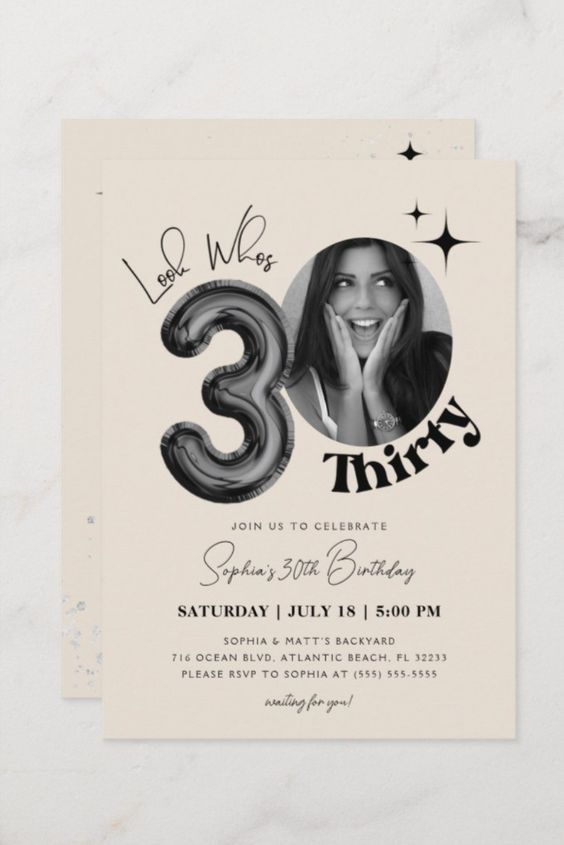 Birthday invitation for Sophia's 30th celebration, featuring a balloon number 30 and smiling woman.
