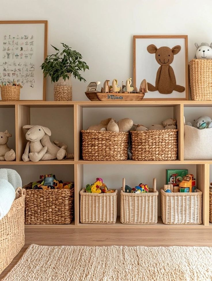 Kids' room storage with woven baskets, toys, and plush decor on wooden shelves. Cozy and organized playroom setup.