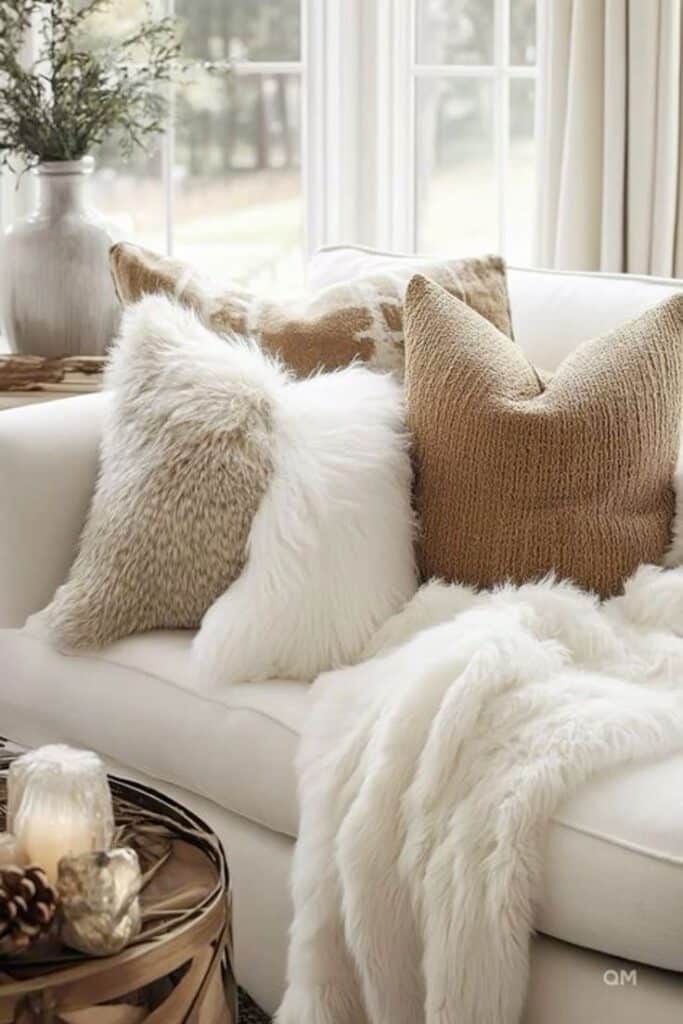 Cozy neutral living room with fluffy pillows and throw on a white sofa, near a window for a serene atmosphere.