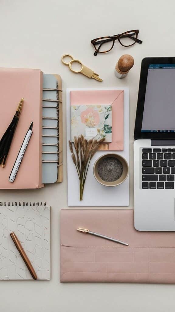 Stylish workspace with pink stationery, laptop, coffee, and glasses arranged neatly on a desk for productivity.