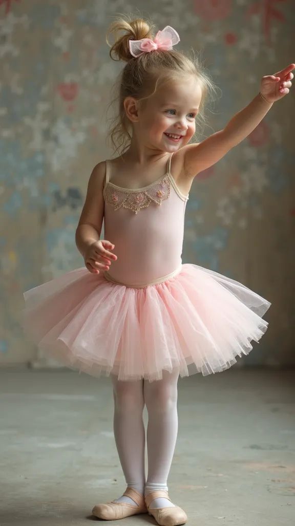A young girl in a pink tutu smiles and poses gracefully, embodying the joy of ballet.