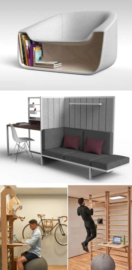 Innovative home office furniture designs featuring multifunctional chairs, desks, and fitness setups for small spaces.
