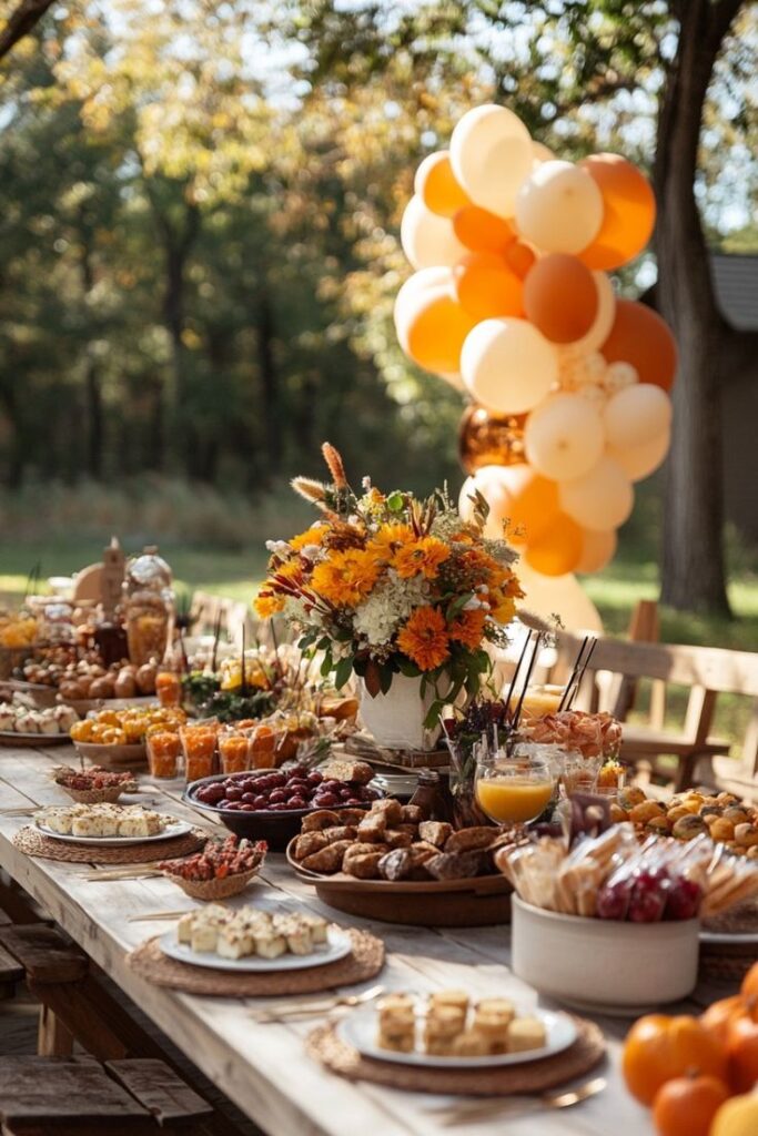 Outdoor autumn brunch setup with floral centerpiece, assorted pastries, and orange balloons in a forest setting.