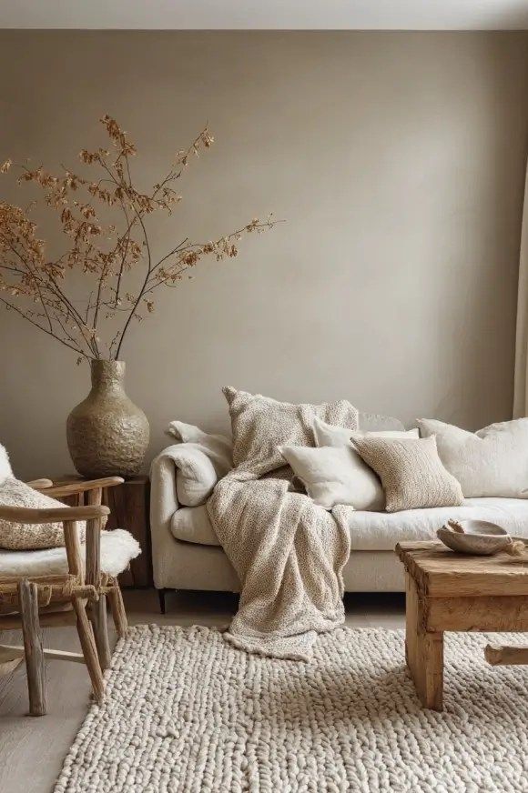 Cozy minimalist living room with beige sofa, textured pillows, wooden table, and a large vase with dried branches.