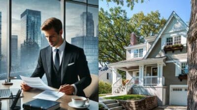 Businessman reviewing documents in office; suburban house with front porch and garden.