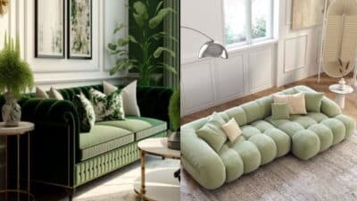 Elegant green sofas in stylish living rooms with modern decor and natural light.