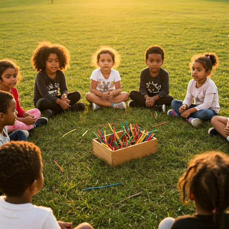 Children sitting in a circle on grass, playing with colorful sticks at sunset.