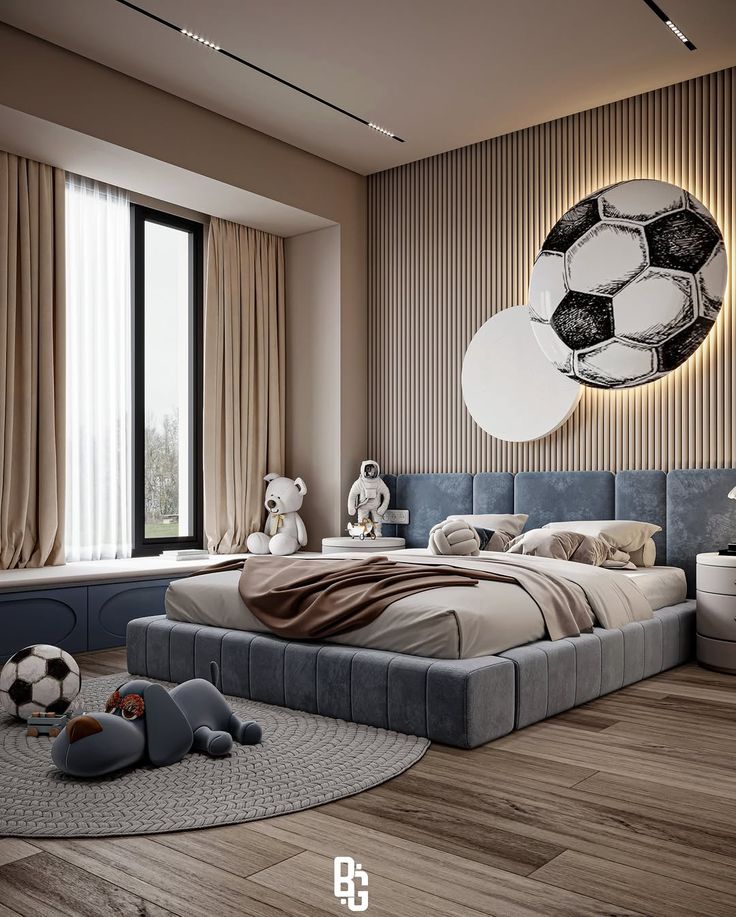 Modern kids' bedroom with soccer-themed decor, plush toys, and large window. Cozy and playful interior design.