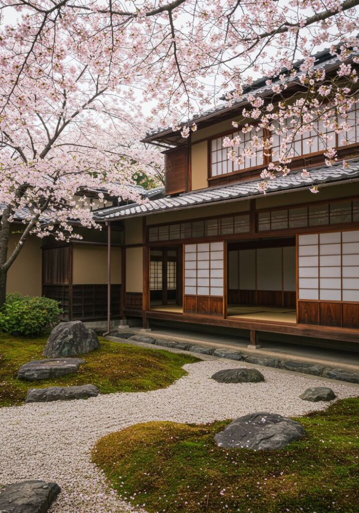 Traditional Japanese garden with cherry blossoms beside a wooden house and stone path.