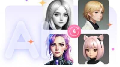 Four AI-generated anime-style avatar portraits with futuristic and fantasy elements.