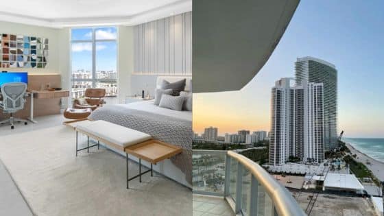 Transforming Miami Homes Modern Remodeling Design Trends for 2025 Modern bedroom with desk and city view, beside a balcony overlooking beachfront high-rise buildings at sunset. | Sky Rye Design Modern bedroom with desk and city view, beside a balcony overlooking beachfront high-rise buildings at sunset.