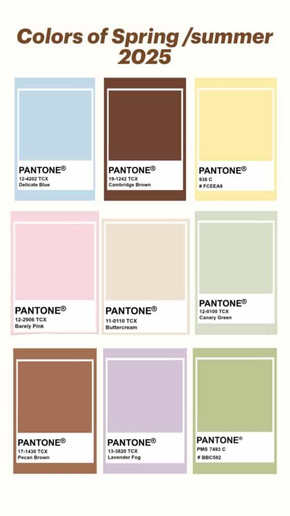 Pantone Spring/Summer 2025 colors: Delicate Blue, Cambridge Brown, Canary Green, Lavender Fog, and more.
