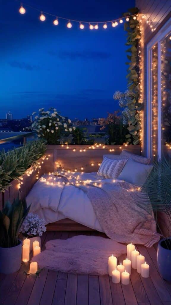 Cozy balcony setup with ambient fairy lights, candles, plants, and a plush bed under a starlit sky.