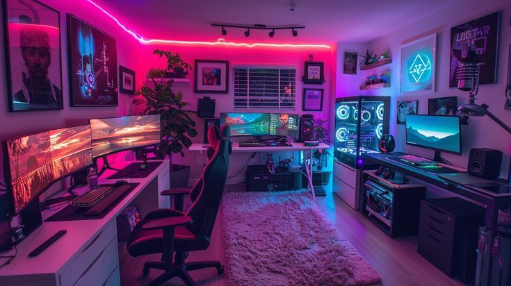 Gaming setup with multiple monitors, RGB lighting, and gaming chairs in a cozy room with neon accents and decor.