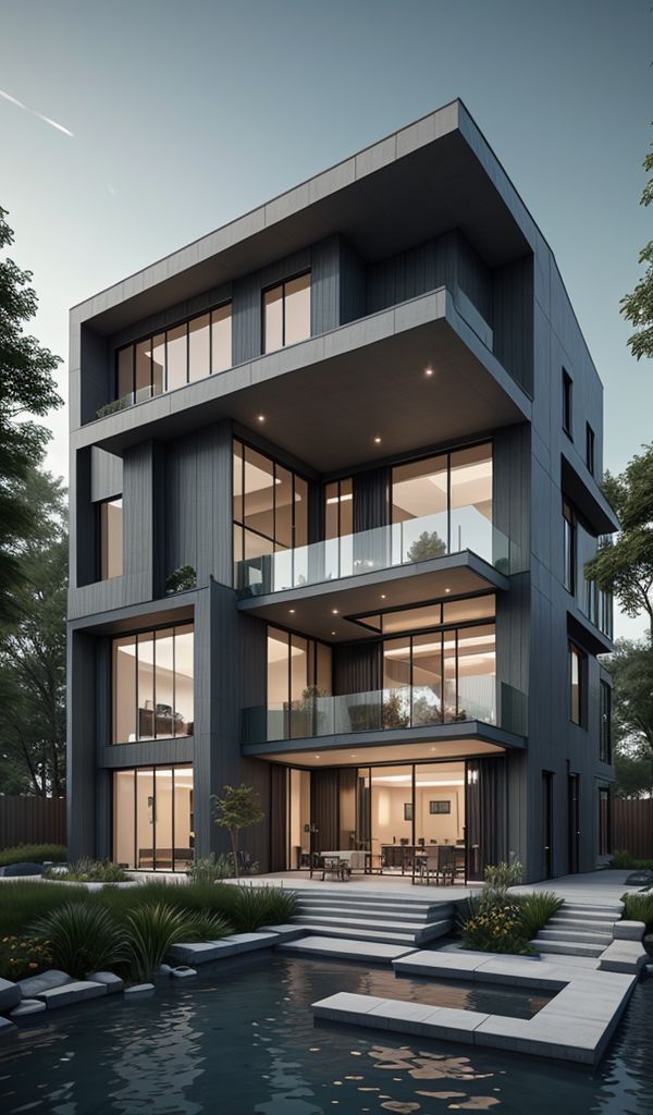 Modern multi-story house with large glass windows and a serene garden pond in the foreground.