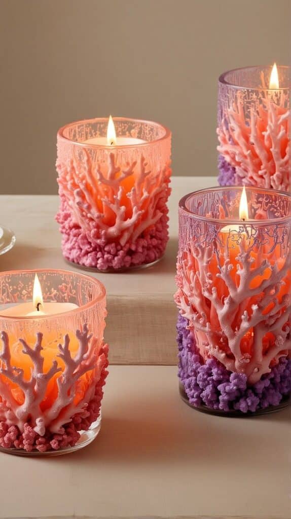 Decorative candles with pink and purple coral designs illuminate a cozy setting, enhancing ambiance and style.