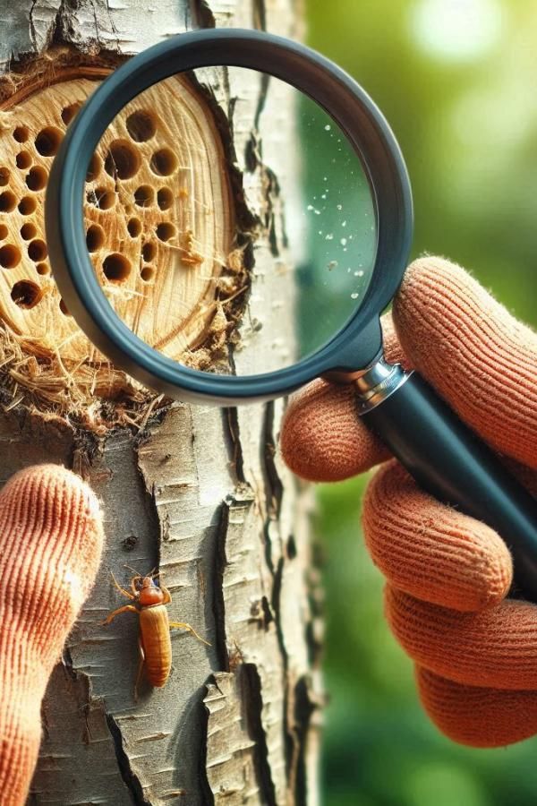 Gloved hands use magnifying glass to inspect insect on tree trunk with holes, highlighting forest life.