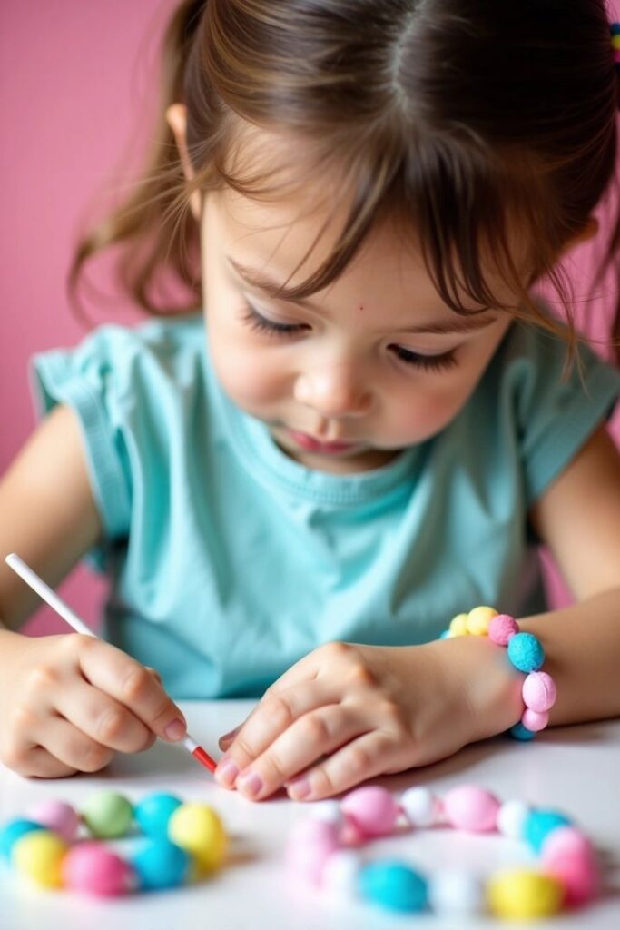 Child focused on crafting colorful bead jewelry, wearing a blue shirt against a pink backdrop. Creative activity.