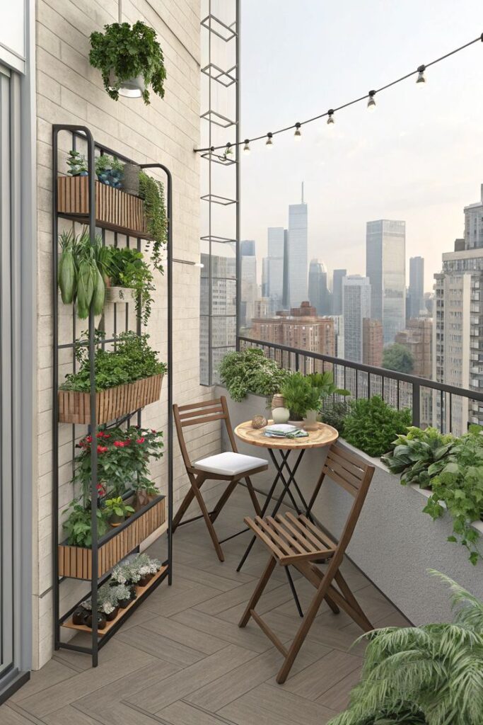 Urban balcony garden with potted plants, wooden furniture, and city skyline view, ideal for relaxing and enjoying nature.