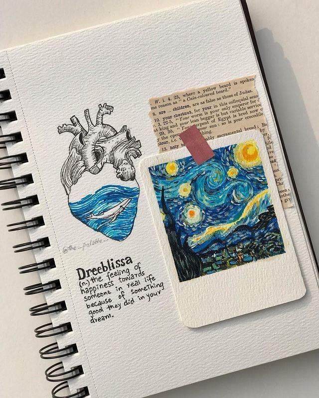 Sketchbook page featuring heart sketch, artistic text, and a Starry Night miniature painting.