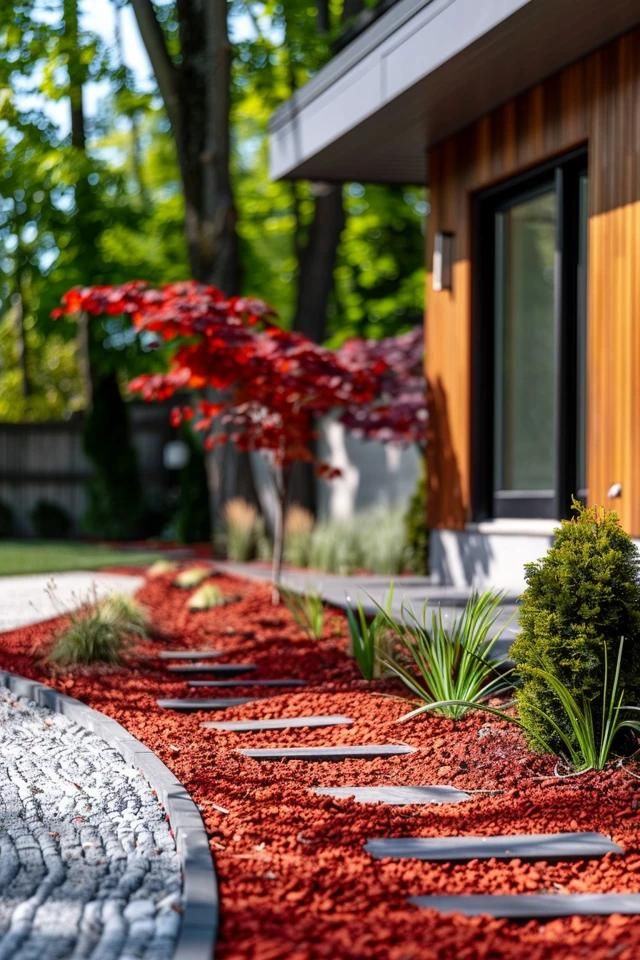 Modern landscaped garden with vibrant red mulch, stepping stones, and lush greenery by a contemporary house exterior.