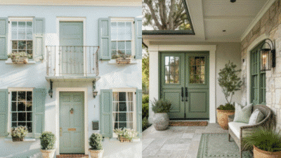 Charming home exteriors with green doors and shutters, elegant potted plants, and cozy outdoor seating.