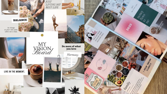 Vision board collage with quotes, travel, wellness, and lifestyle images for inspiration and goal setting.