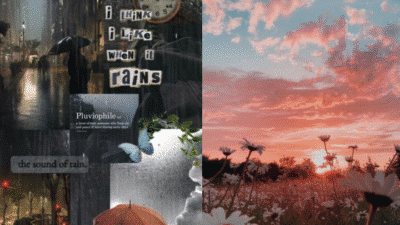 Collage: rainy cityscape with umbrellas and daisies at sunset, featuring text about enjoying the rain.