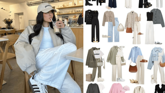 Woman in stylish casual wear sipping a drink in a cafe, beside a collage of trendy outfit ideas.