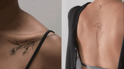 Minimalist floral tattoos on shoulder and back, featuring delicate calla lilies. Elegant and simple body art design.